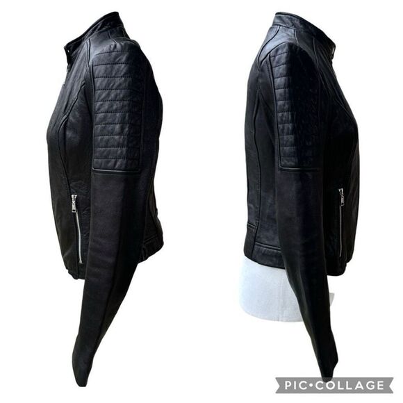 Wilsons Genuine Leather Motor Jacket Black Full Zip Quilted Shoulder Size XS VTG - Picture 9 of 12